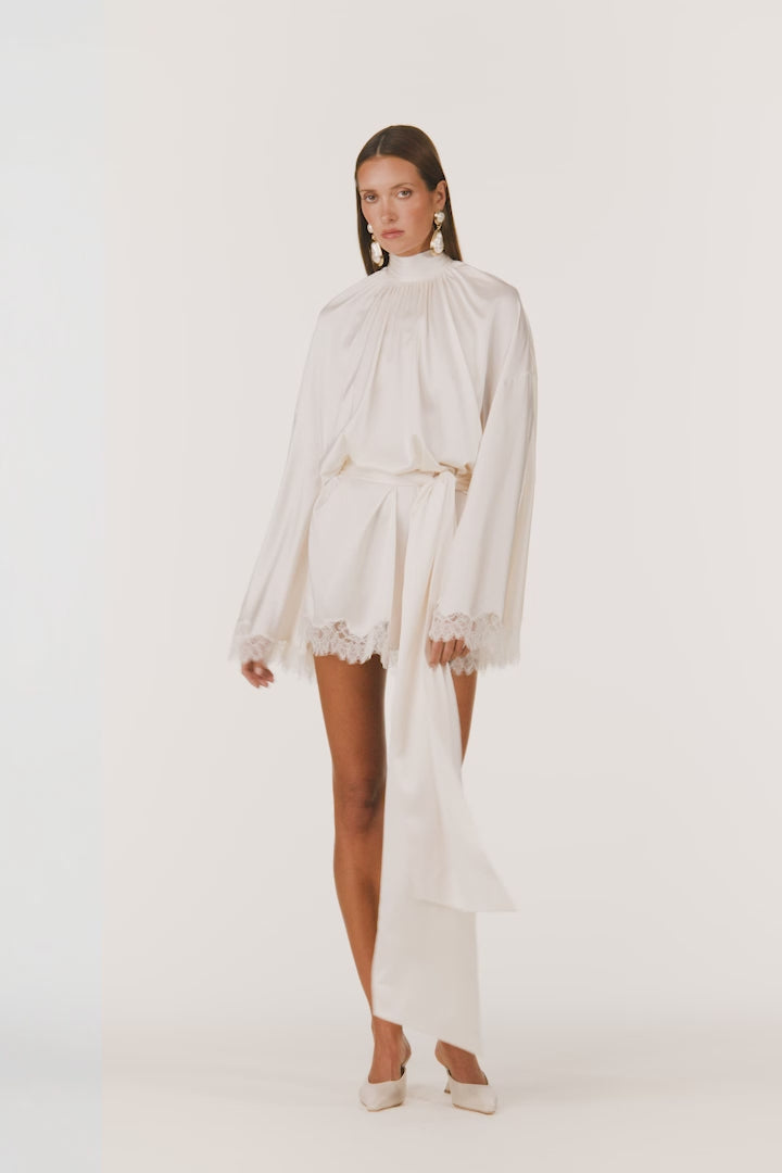 Lace Silk Mini Dress (Cream)
