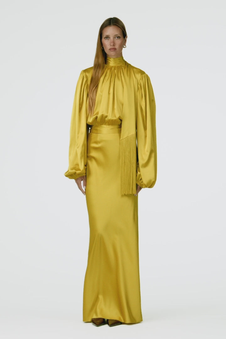 Draped Fringe Silk Blouse (Chartreuse)
