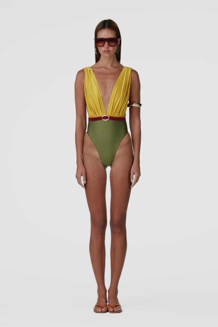Belted V One Piece (Chartreuse/Olive)