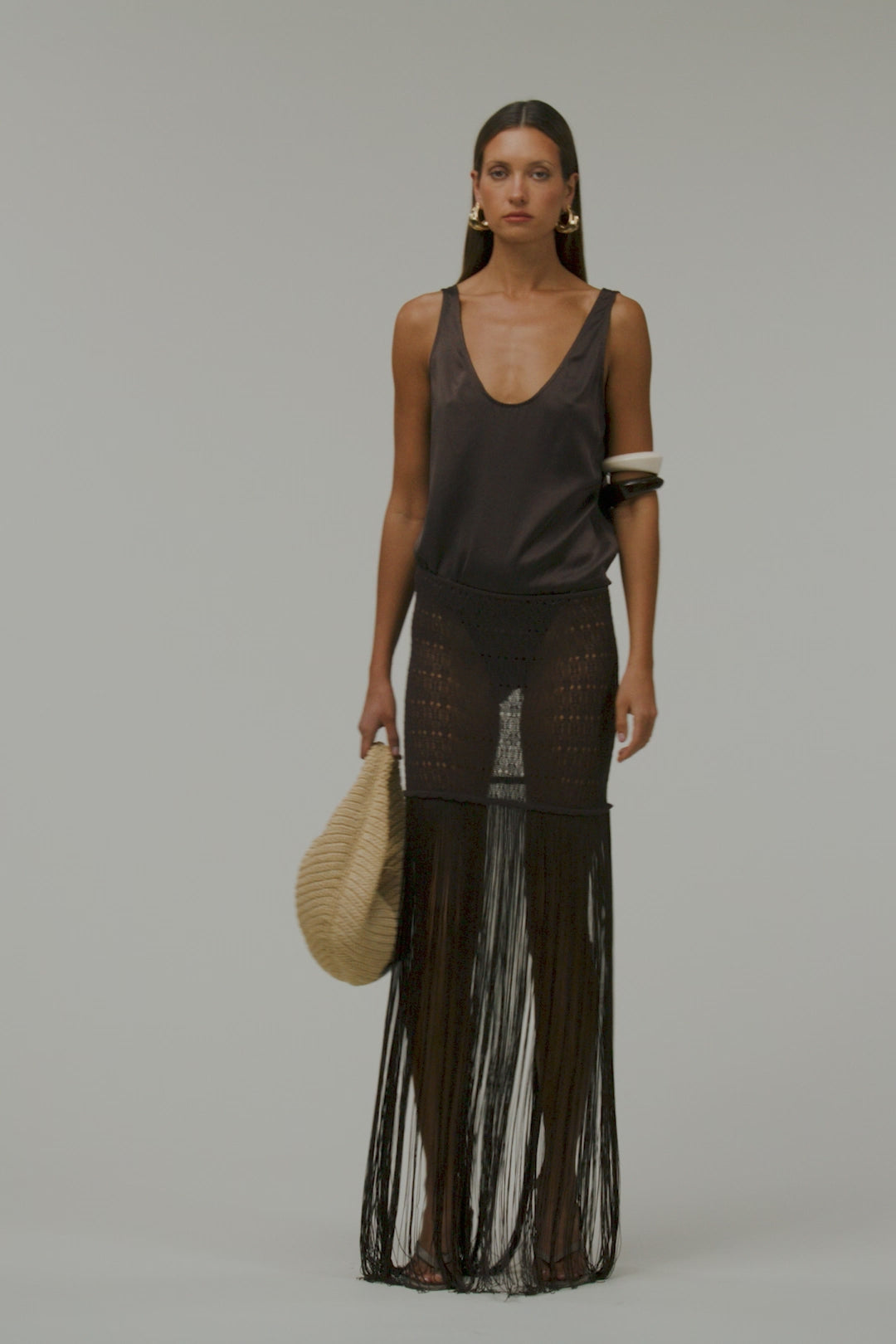Fringe Knit Maxi Skirt (Chocolate Brown)