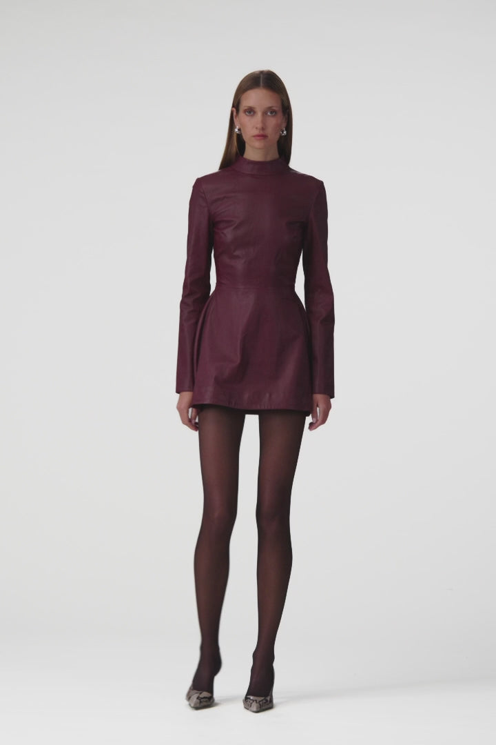 Long Sleeve Leather Mini Dress (Burgundy)