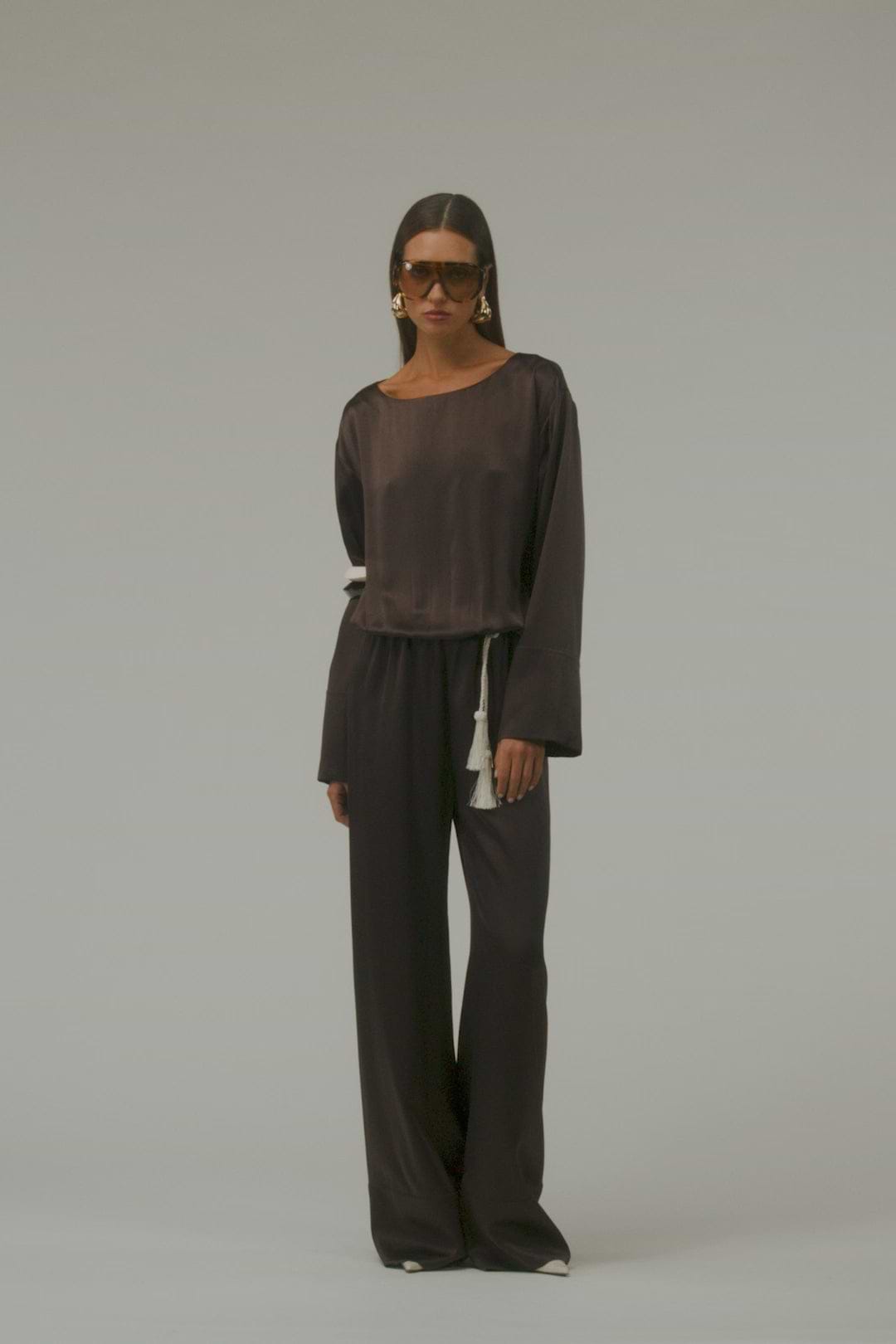 Long Sleeve Silk Jumpsuit (Chocolate Brown)