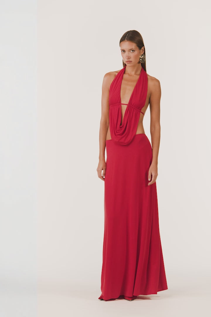 Plunge Neck Maxi Dress (Red)