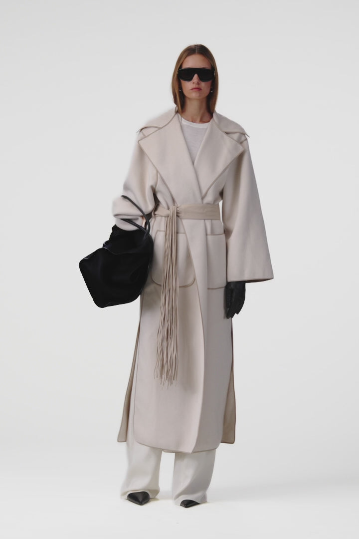 Fringe Tie Wool Coat (Ecru/Taupe)