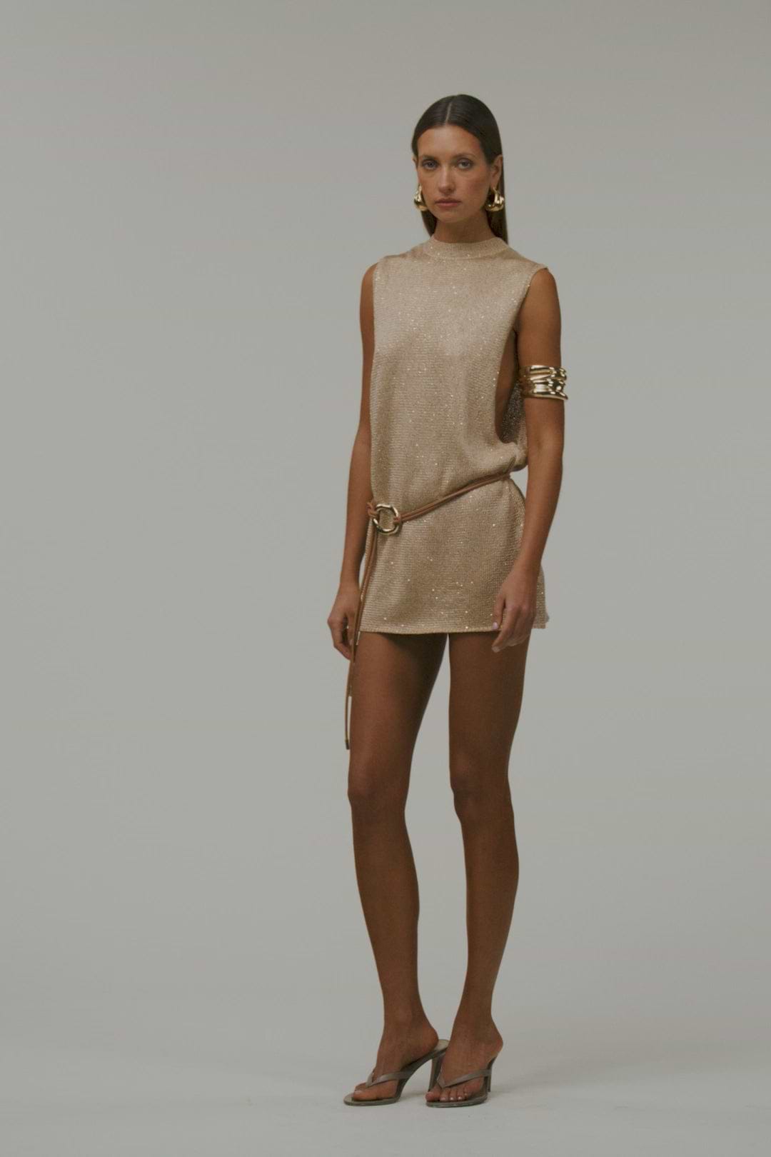 Sleeveless Knit Mini Dress (Light Gold Sequin)