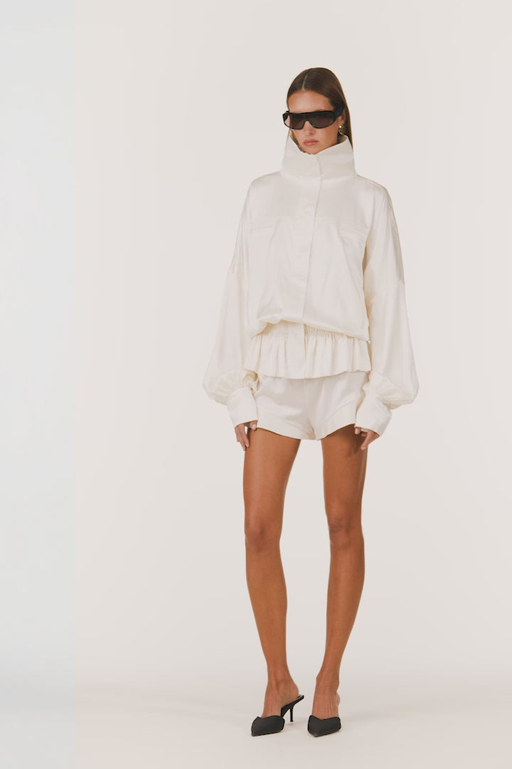 Silk Peplum Bomber Jacket (Cream)