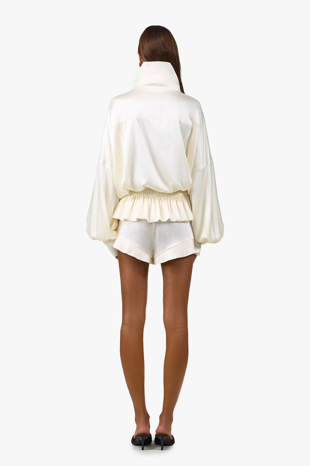 Silk Peplum Bomber Jacket (Cream)
