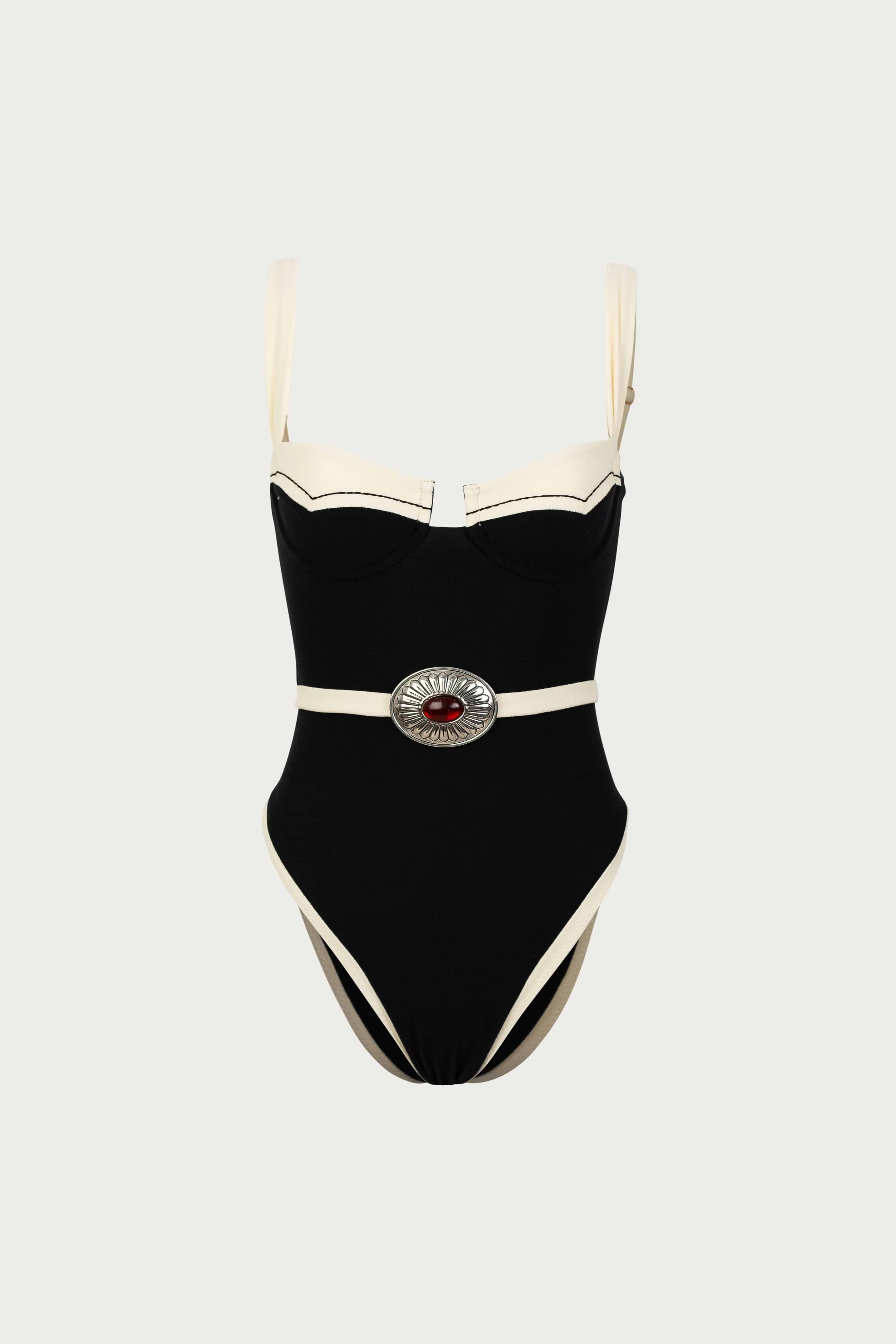 SAME Double Layer Corset One Piece | Faux Suede Cream/Black