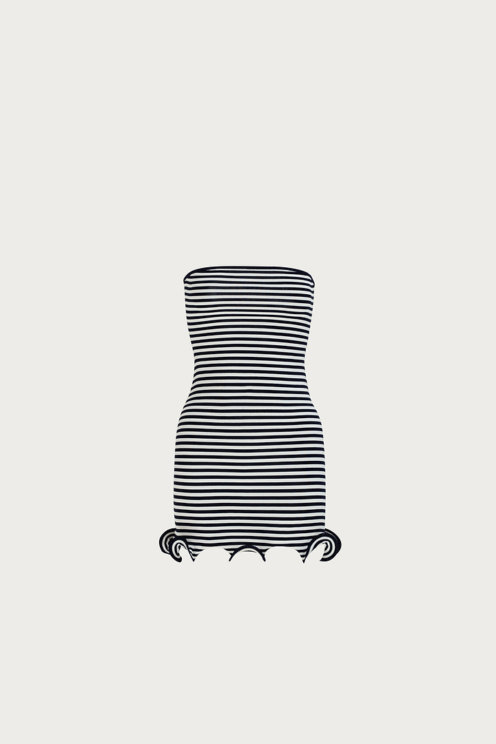Ruffle Hem Strapless Mini Dress (Navy Stripe)