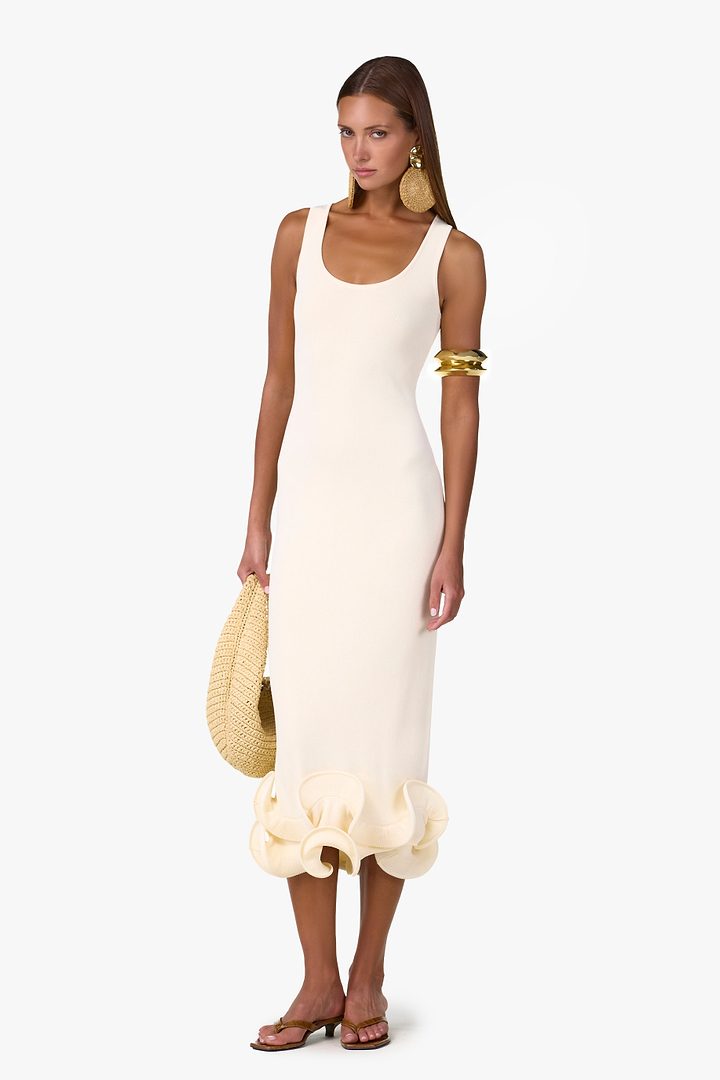 Double Ruffle Hem Midi Dress (Cream)