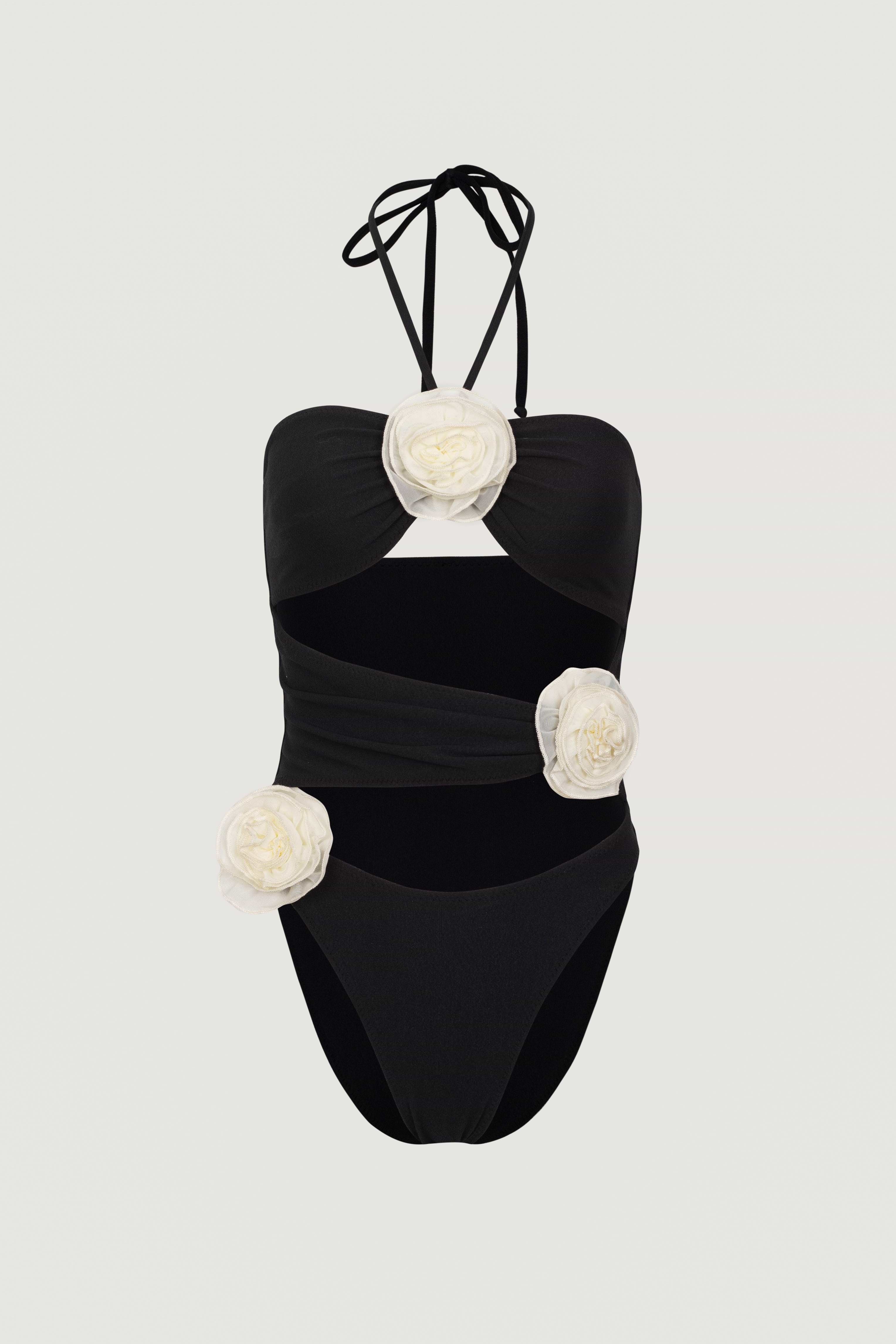 SAME Rose Cut Out One Piece | Faux Suede Black/Cream