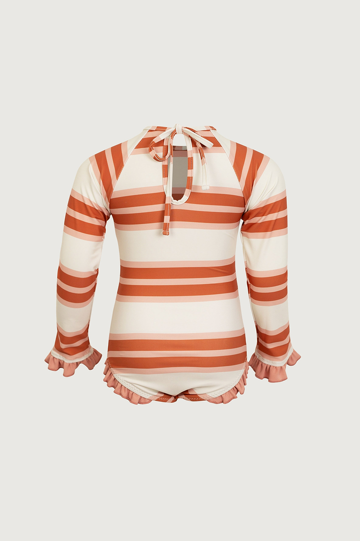 ruffle rashguard one piece (cream camel blush stripe/blush)