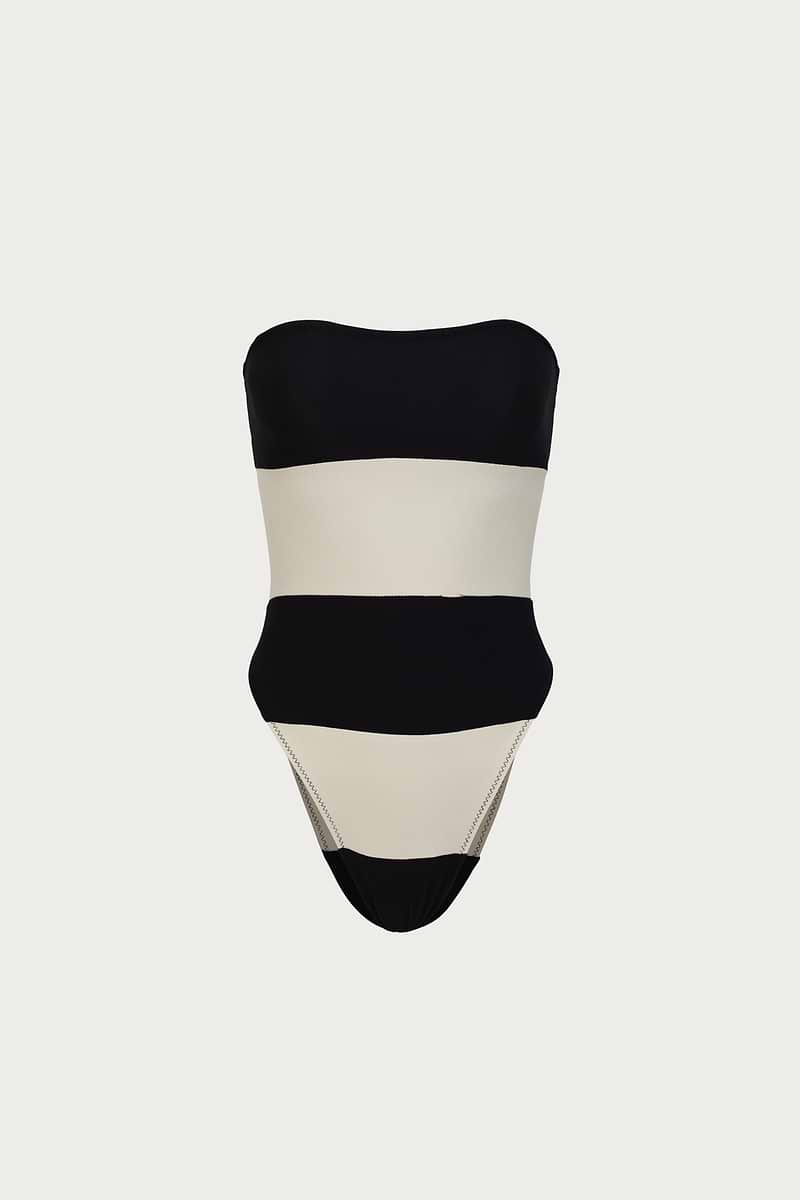 Stripe Strapless One Piece (Faux Suede Black/Cream)