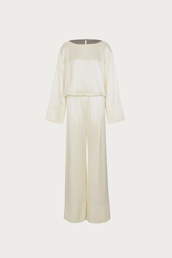 Long Sleeve Silk Jumpsuit (Cream)