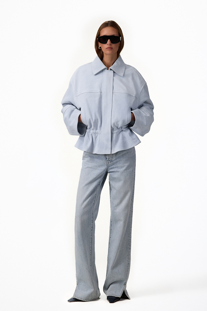 Suede Peplum Bomber Jacket (Pale Blue)