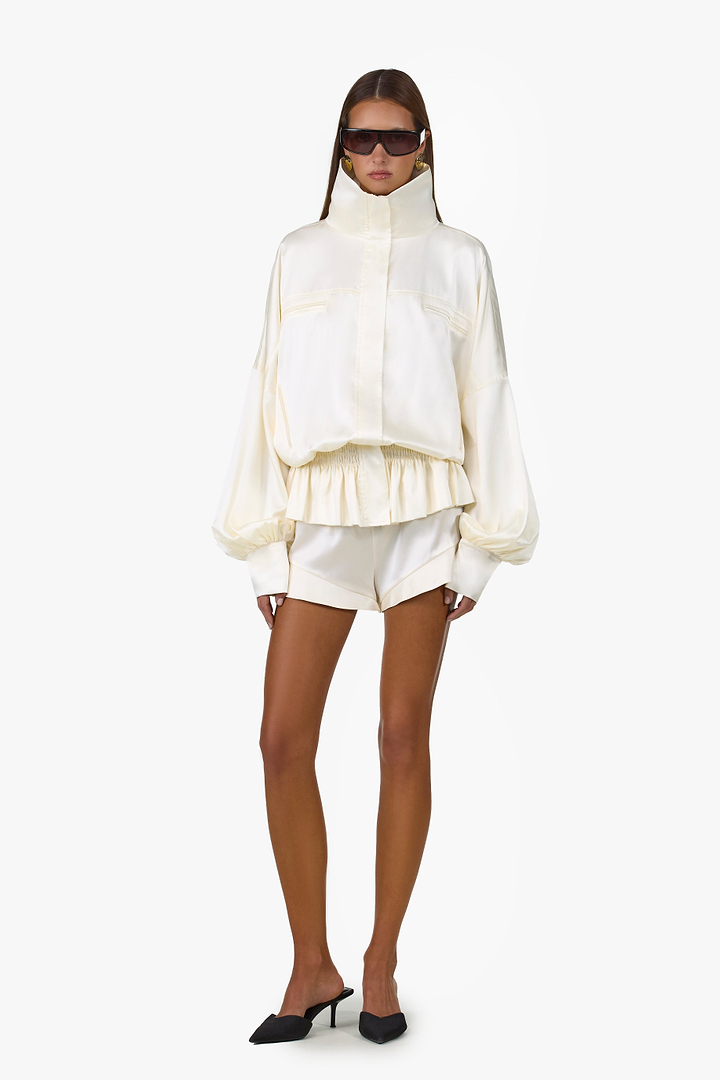 Silk Peplum Bomber Jacket (Cream)