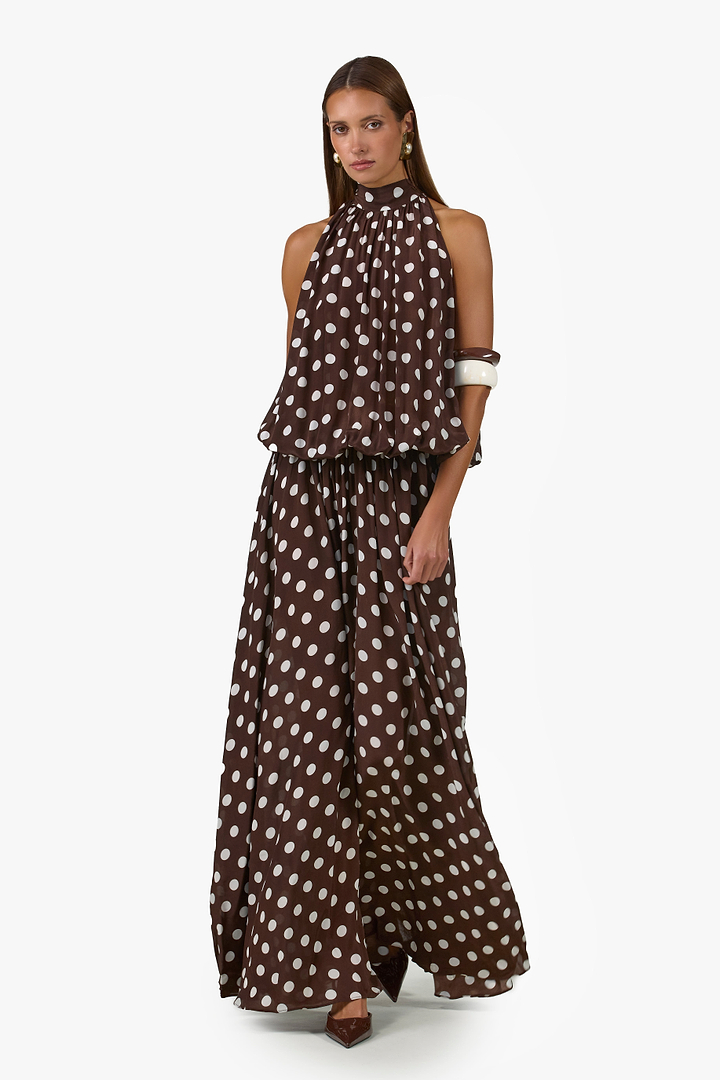 Drop Waist Chiffon Gown (Chocolate Brown Polka Dot)