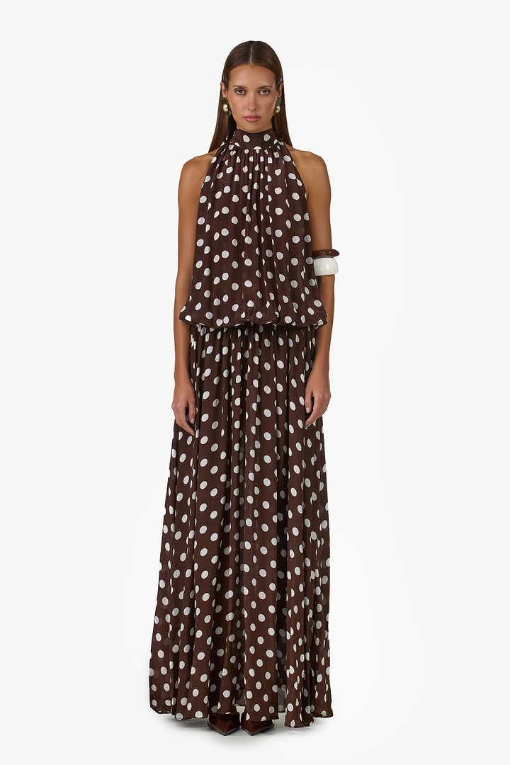 Drop Waist Chiffon Gown (Chocolate Brown Polka Dot)