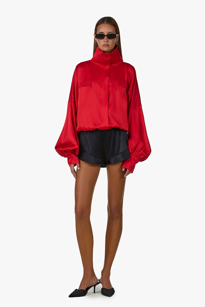 Silk Peplum Bomber Jacket (Red)