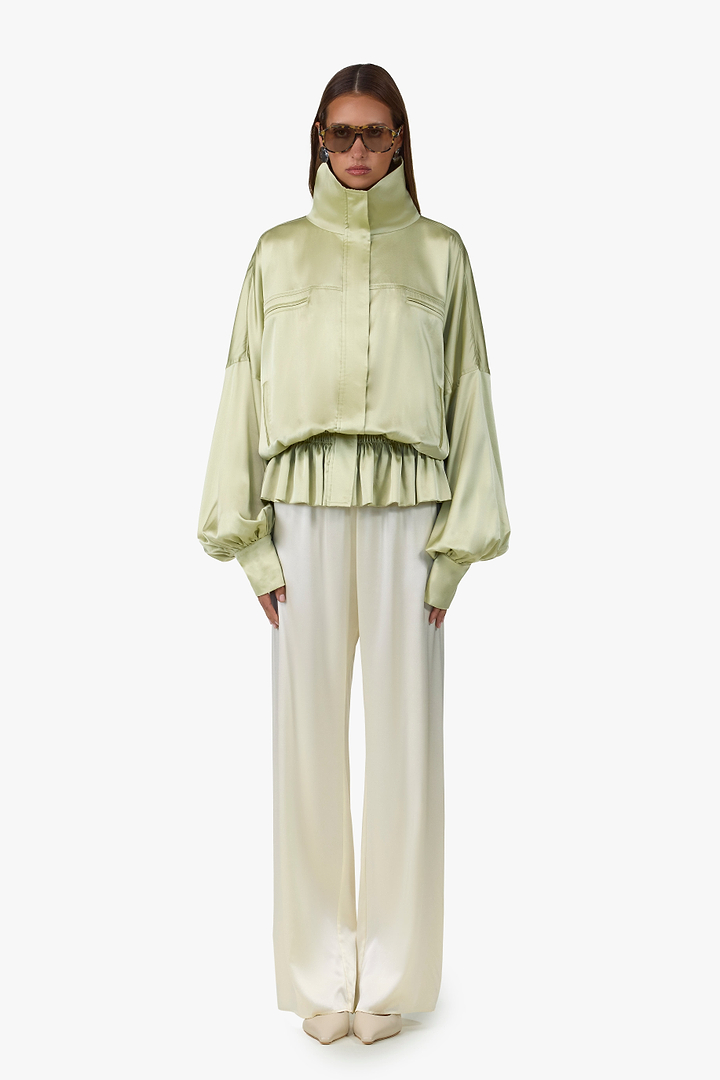 Silk Peplum Bomber Jacket (Sage)