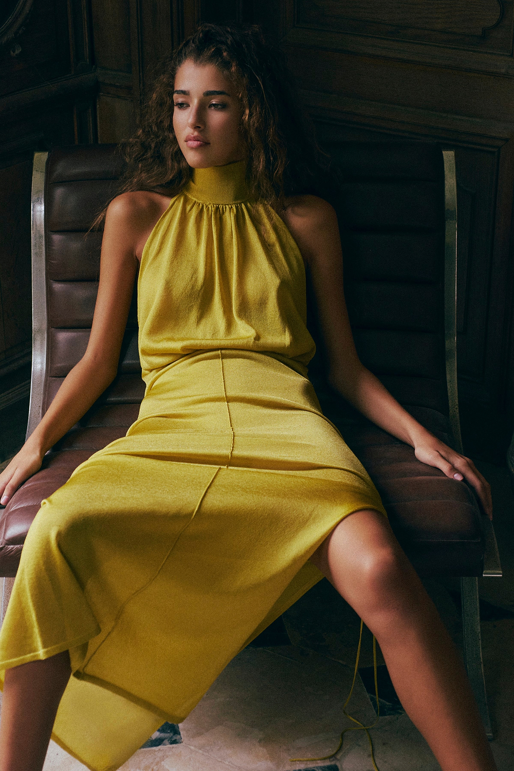 Ruched Knit Maxi Skirt (Chartreuse Shimmer)