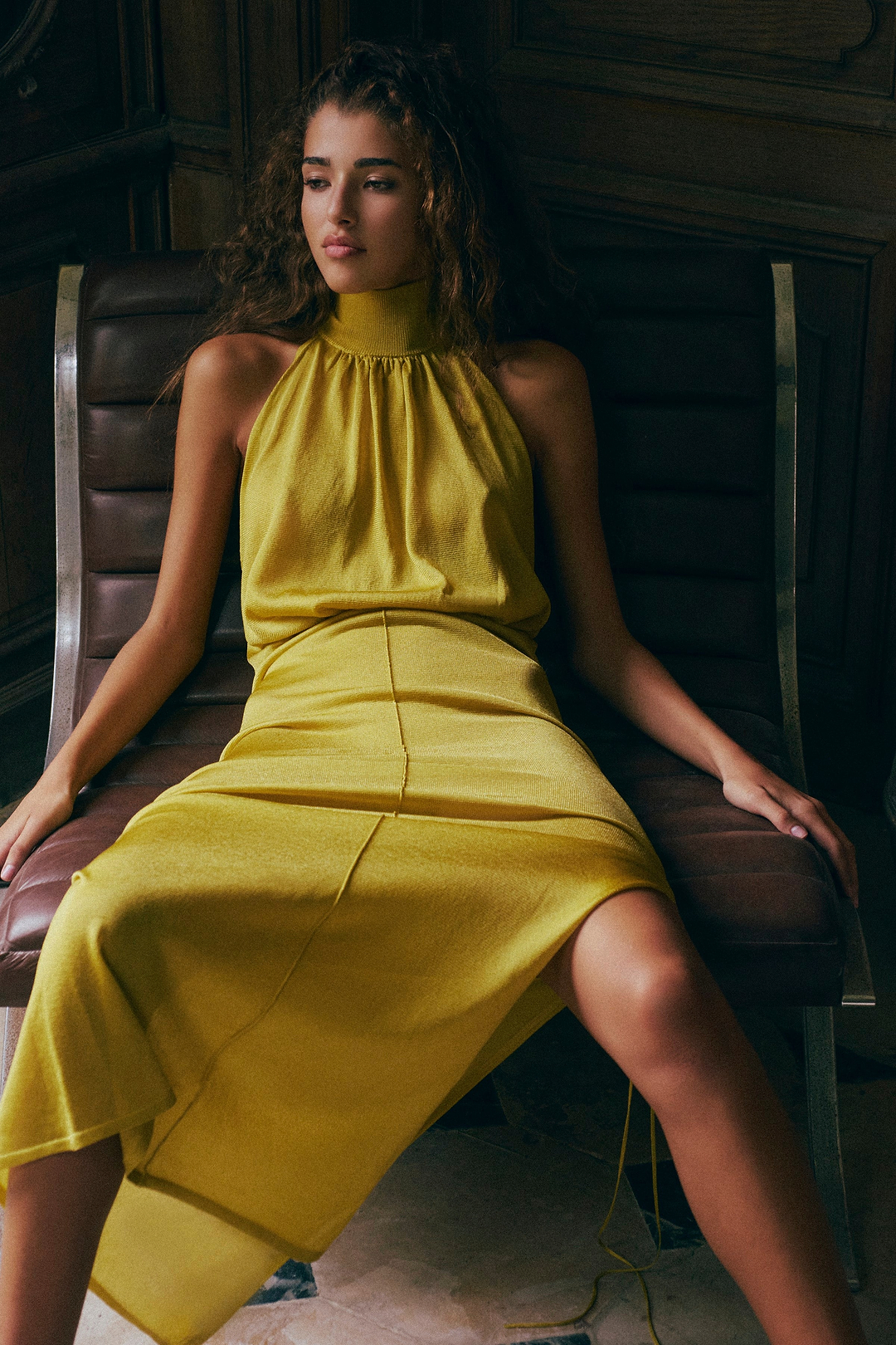 Ruched Knit Maxi Skirt (Chartreuse Shimmer)