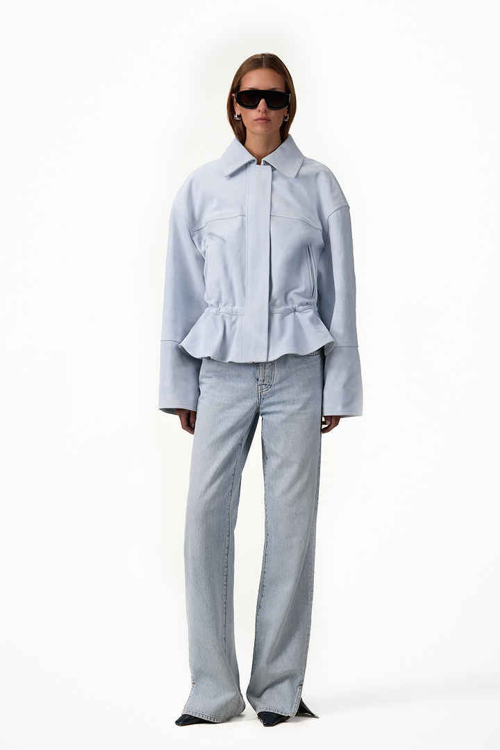 Suede Peplum Bomber Jacket (Pale Blue)