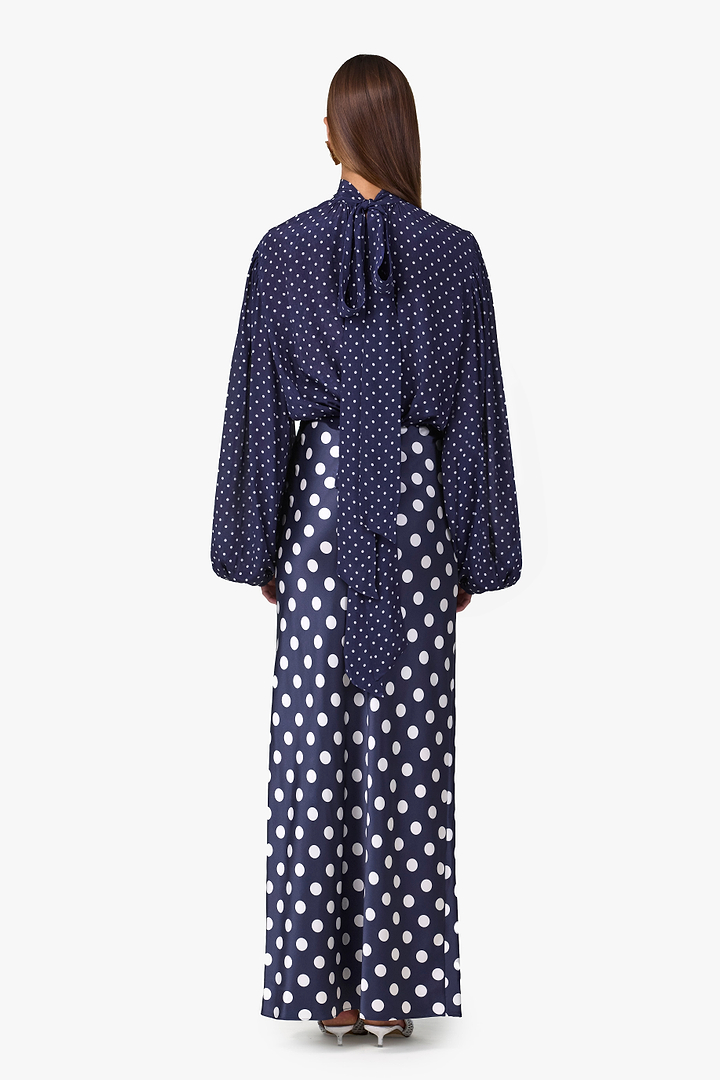 Draped Sleeve Chiffon Top (Navy White Polka Dot)