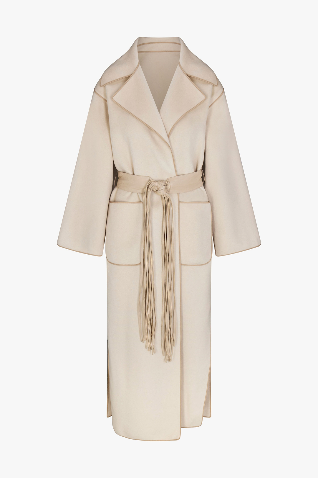 Fringe Tie Wool Coat (Ecru/Taupe)