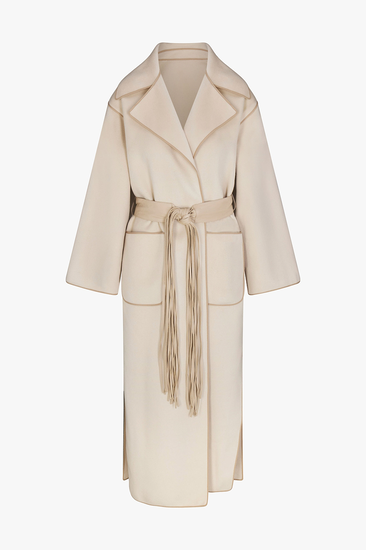 Fringe Tie Wool Coat (Ecru/Taupe)