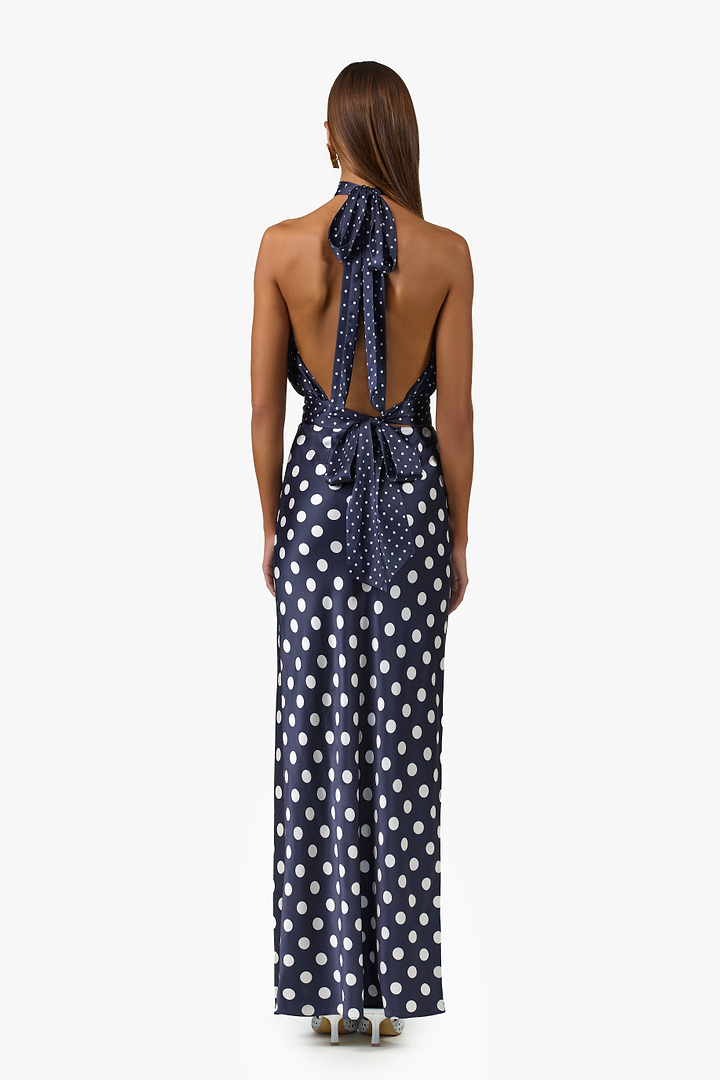 Silk Halter Top (Navy White Polka Dot)