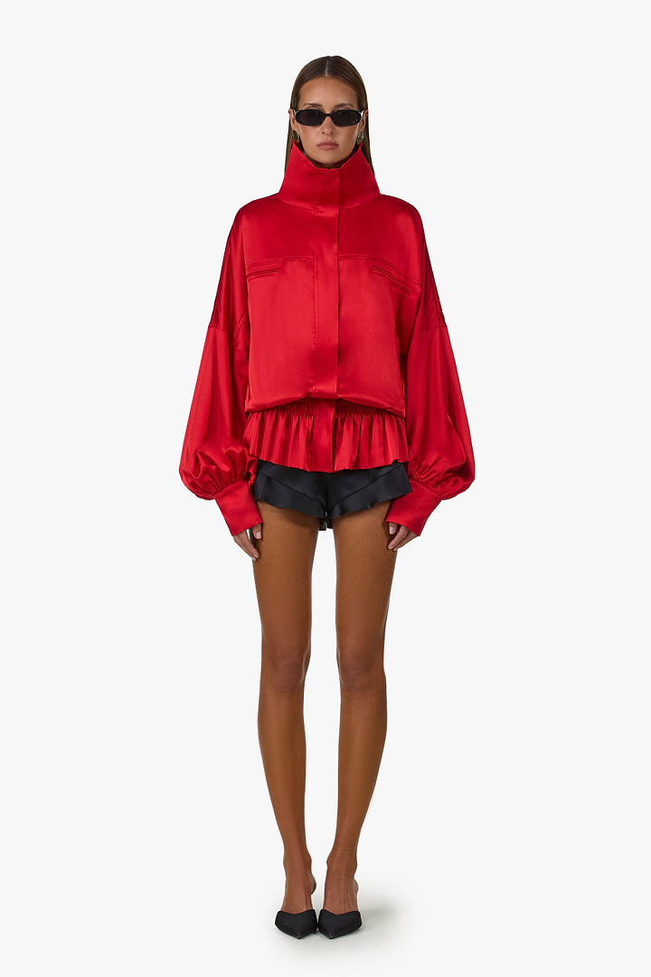 Silk Peplum Bomber Jacket (Red)