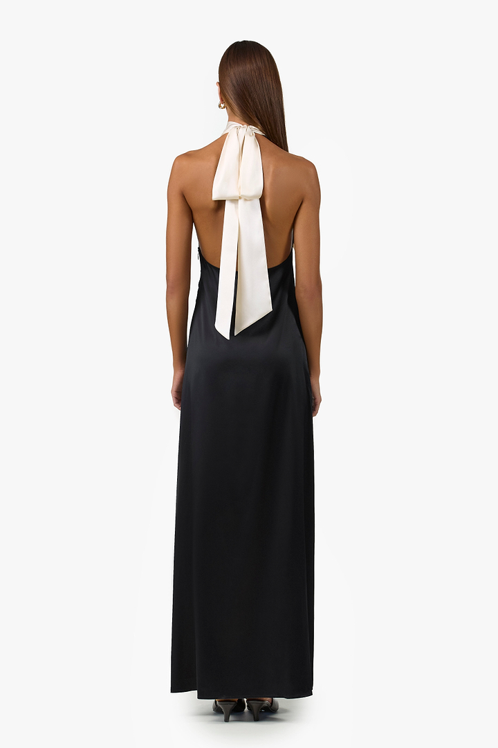 Contrast Tie Neck Gown (Black)