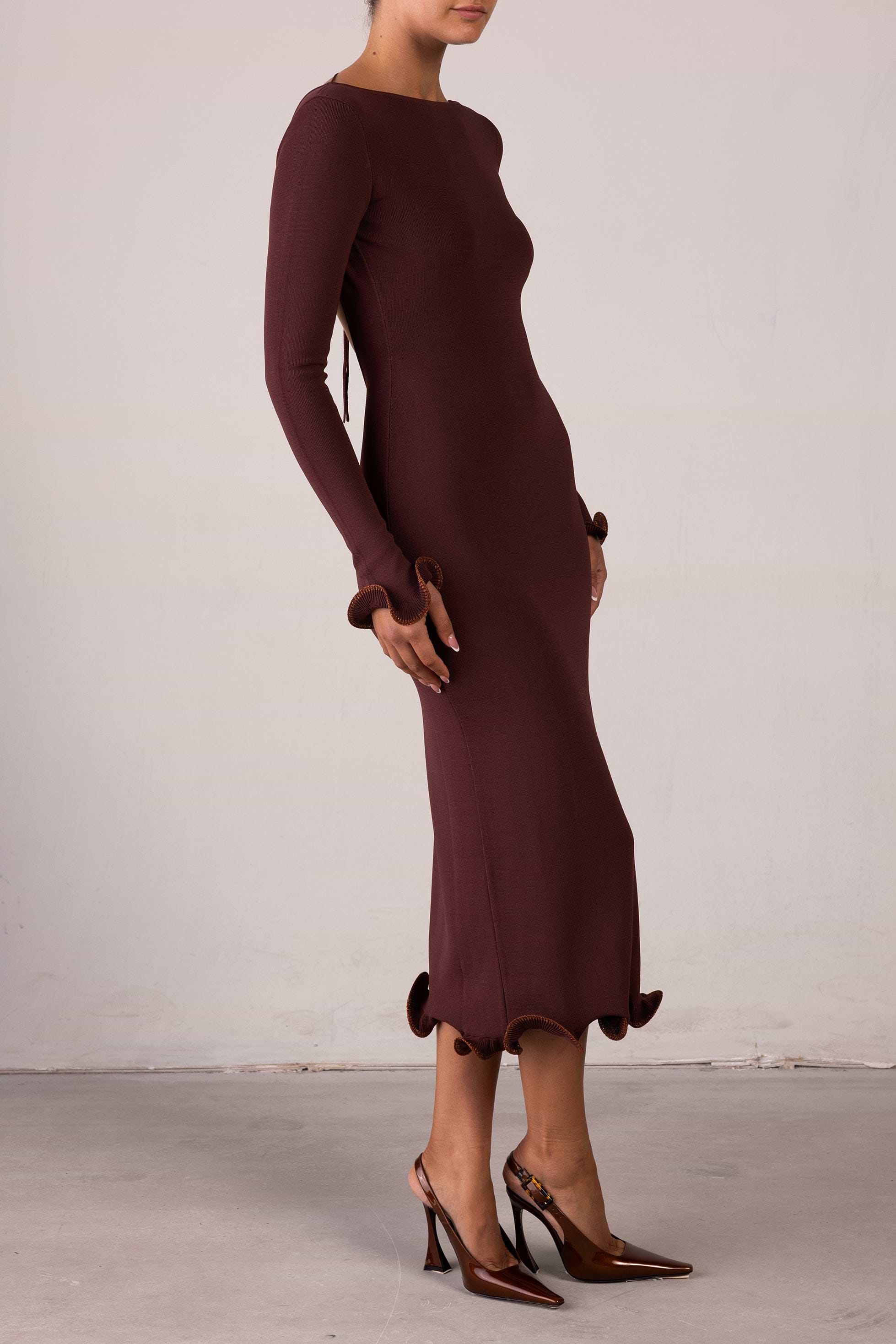 SAME Ruffle Hem Midi Dress | Chocolate Brown/Brown Lurex | Women's