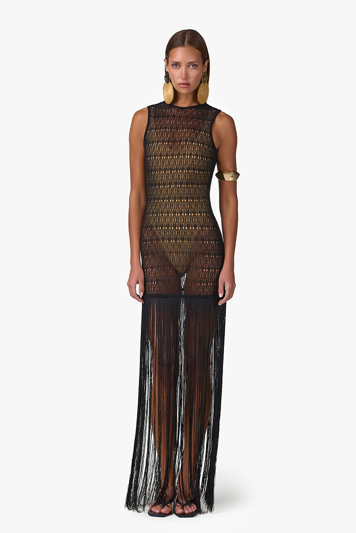 Fringe Knit Maxi Dress (Black)