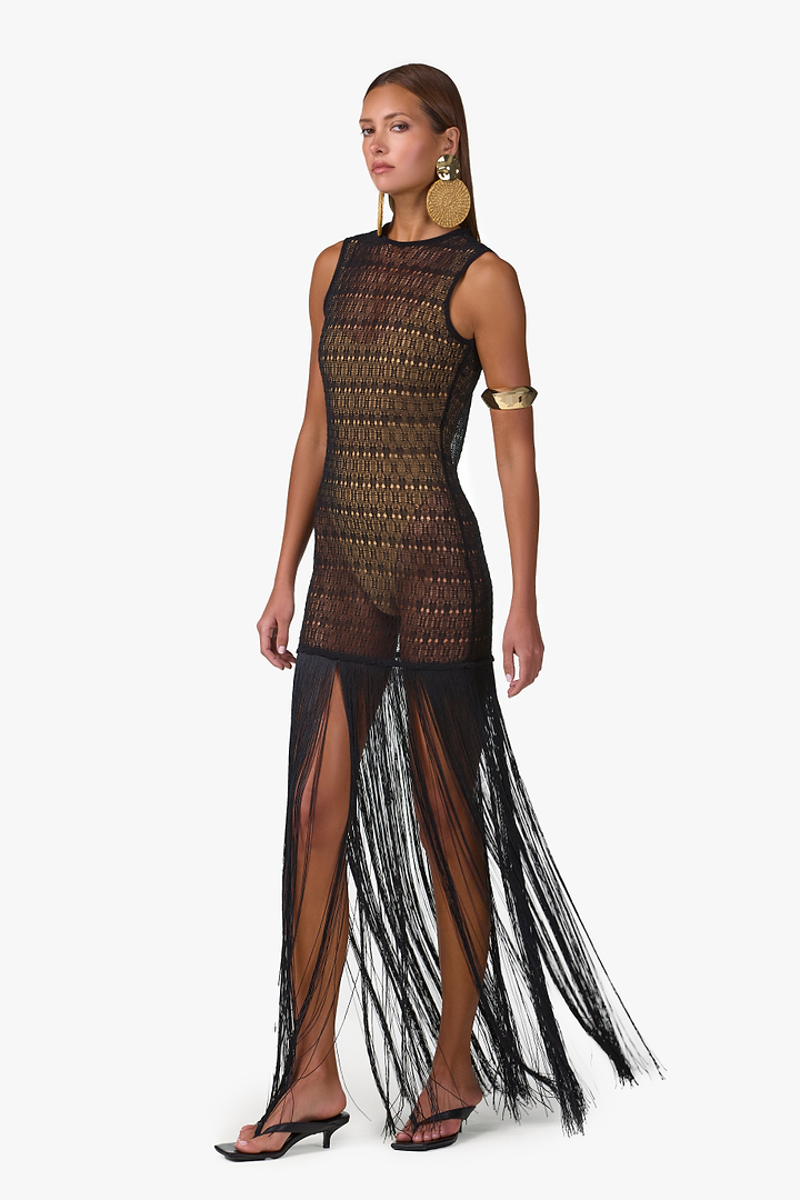 Fringe Knit Maxi Dress (Black)