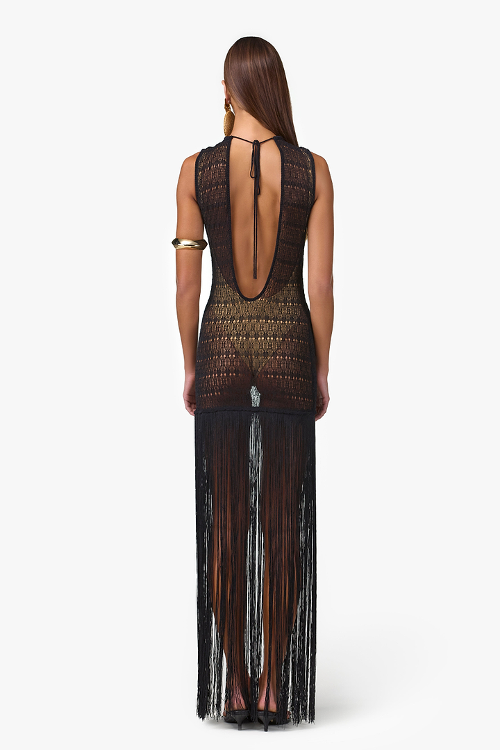 Fringe Knit Maxi Dress (Black)