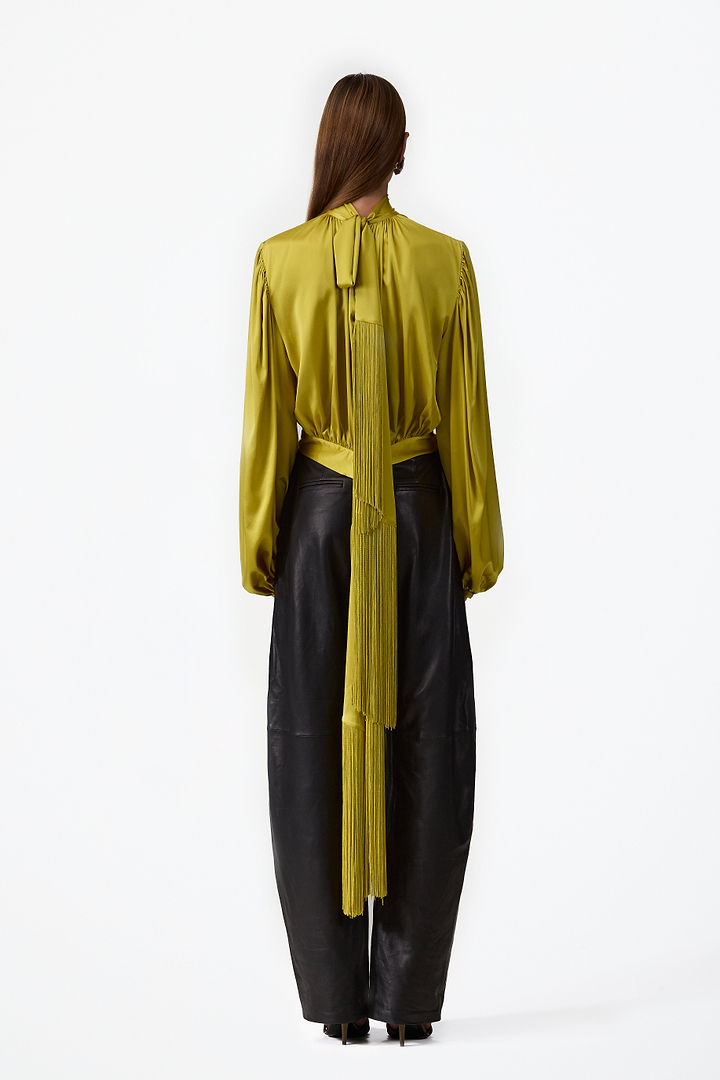 Draped Fringe Silk Blouse (Chartreuse)
