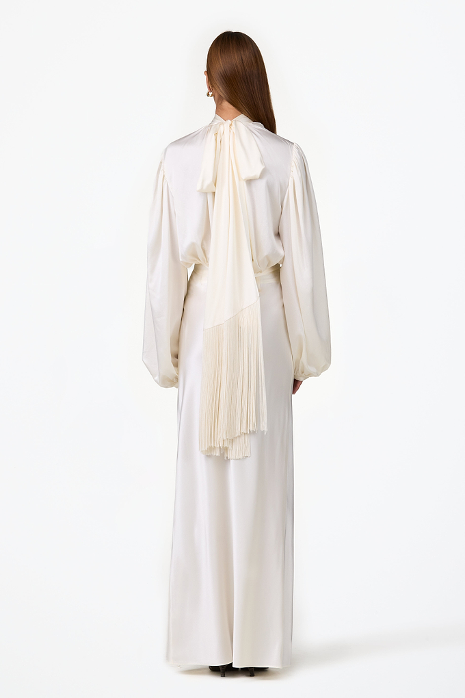 Draped Fringe Silk Blouse (Cream)
