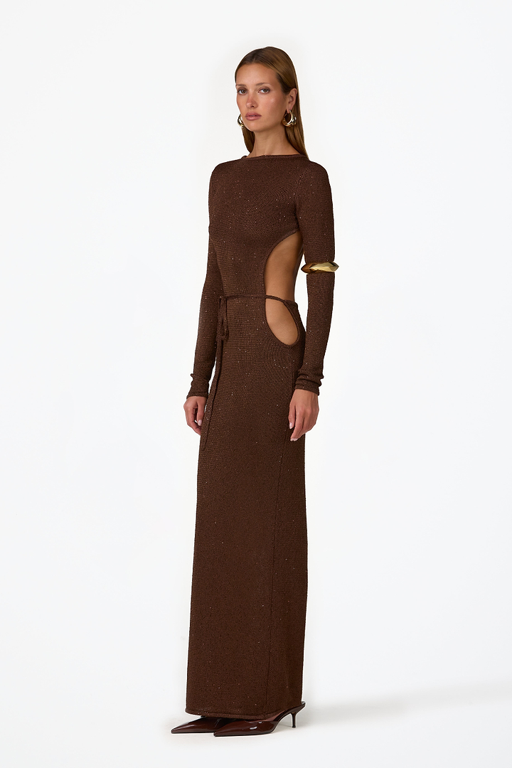 Long Sleeve Tie Maxi (Chocolate Brown)