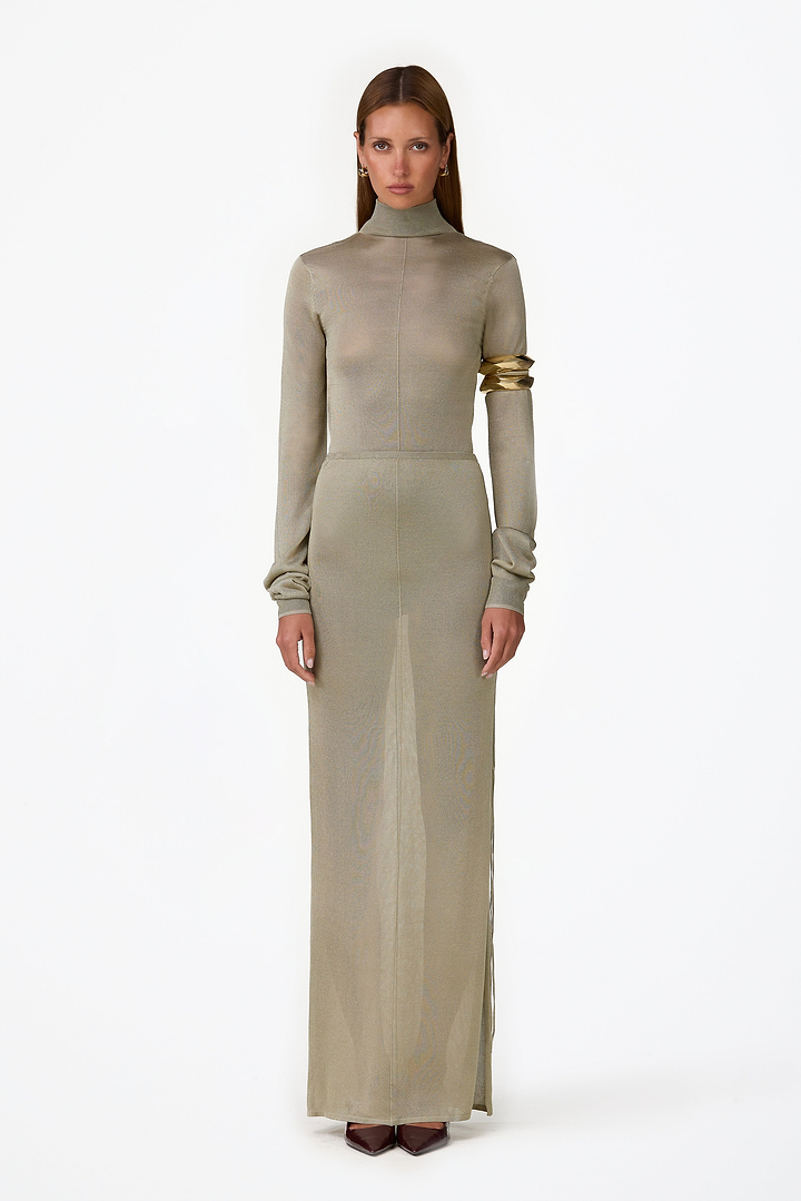 Ruched Knit Maxi Skirt (Sage Shimmer)