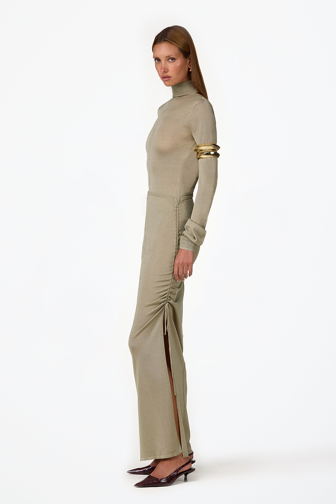 Ruched Knit Maxi Skirt (Sage Shimmer)