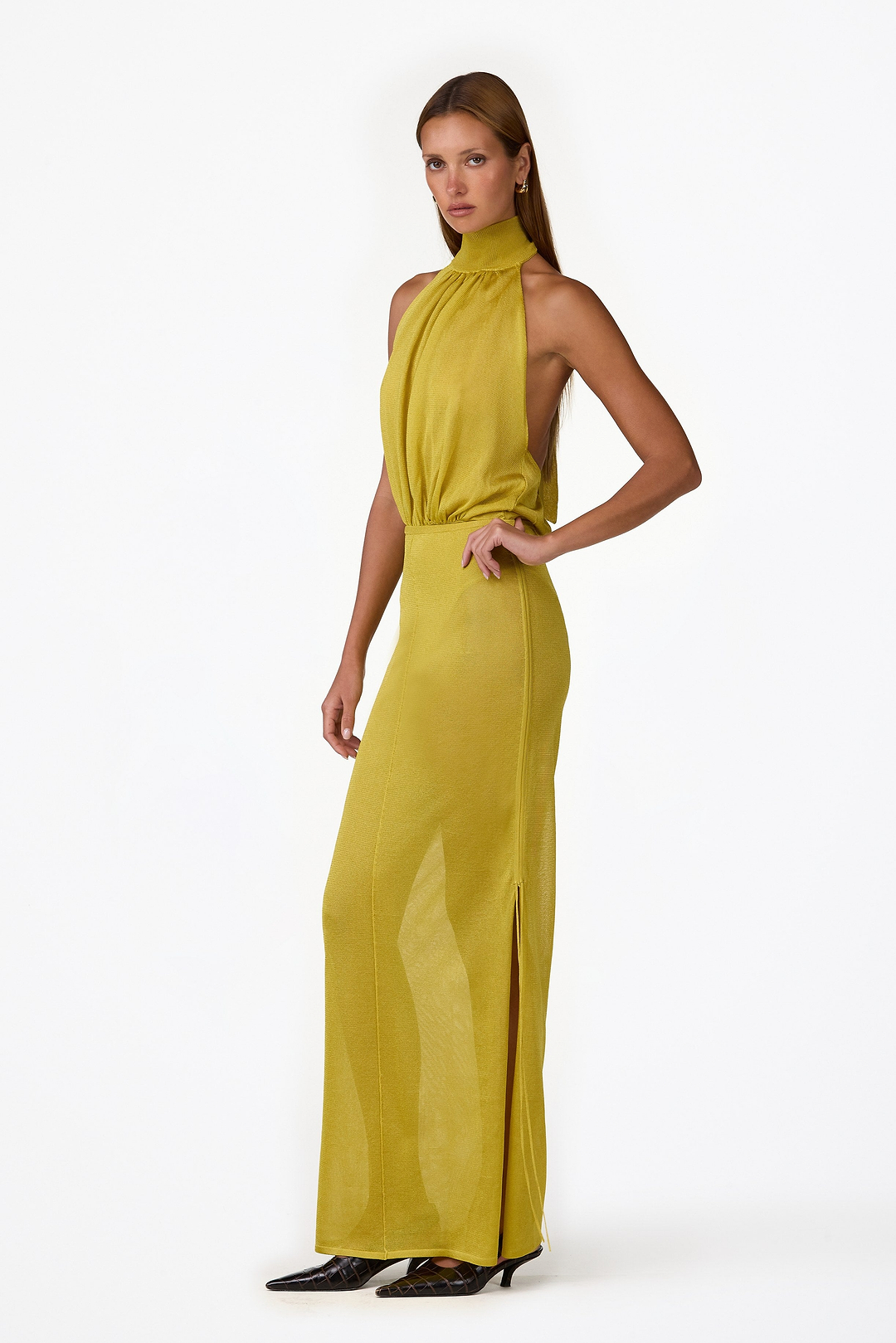Ruched Knit Maxi Skirt (Chartreuse Shimmer)