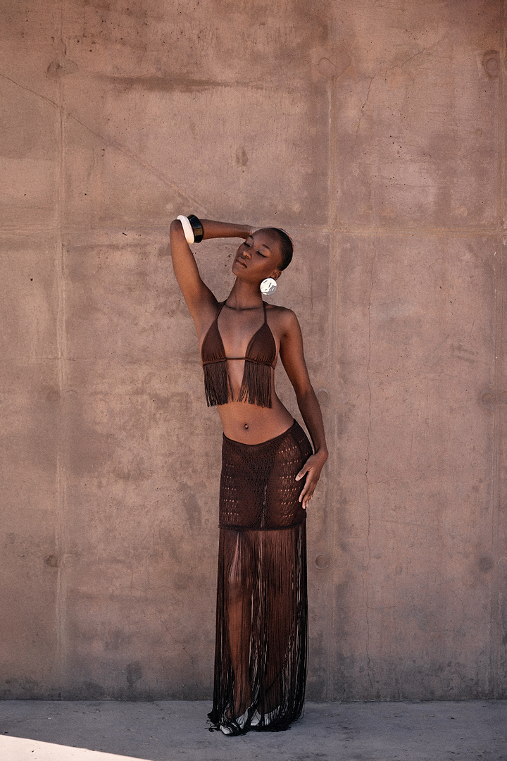 Fringe Knit Maxi Skirt (Chocolate Brown)