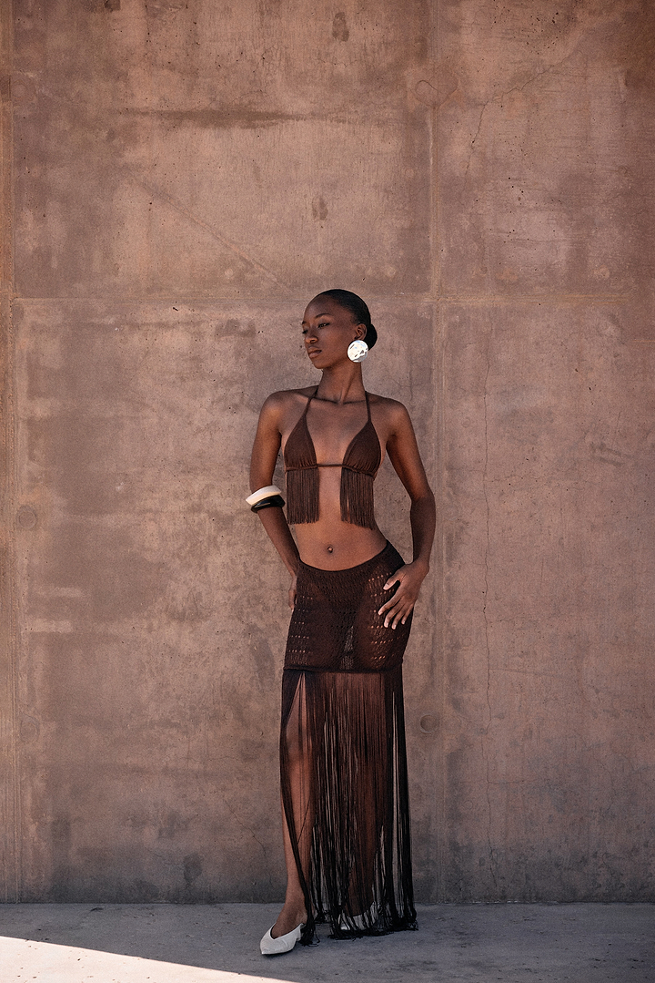 Fringe Knit Maxi Skirt (Chocolate Brown)