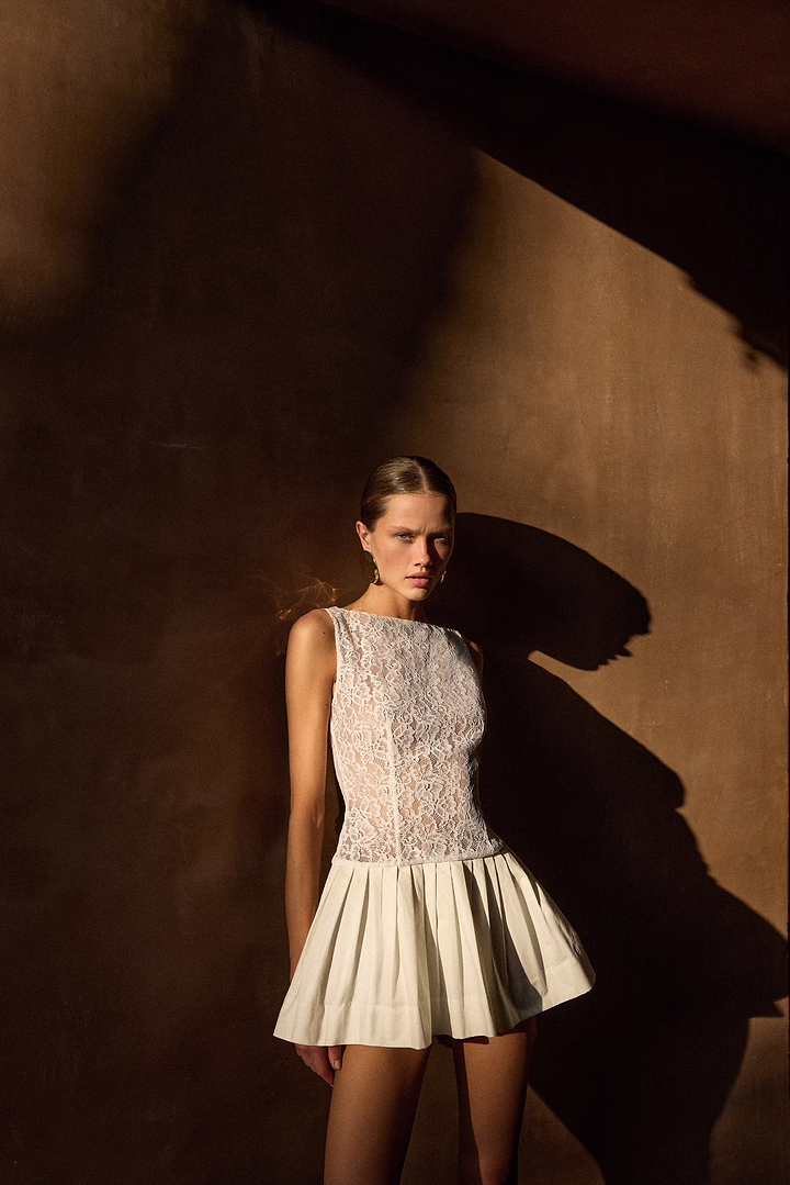 Lace Poplin Mini Dress (White)