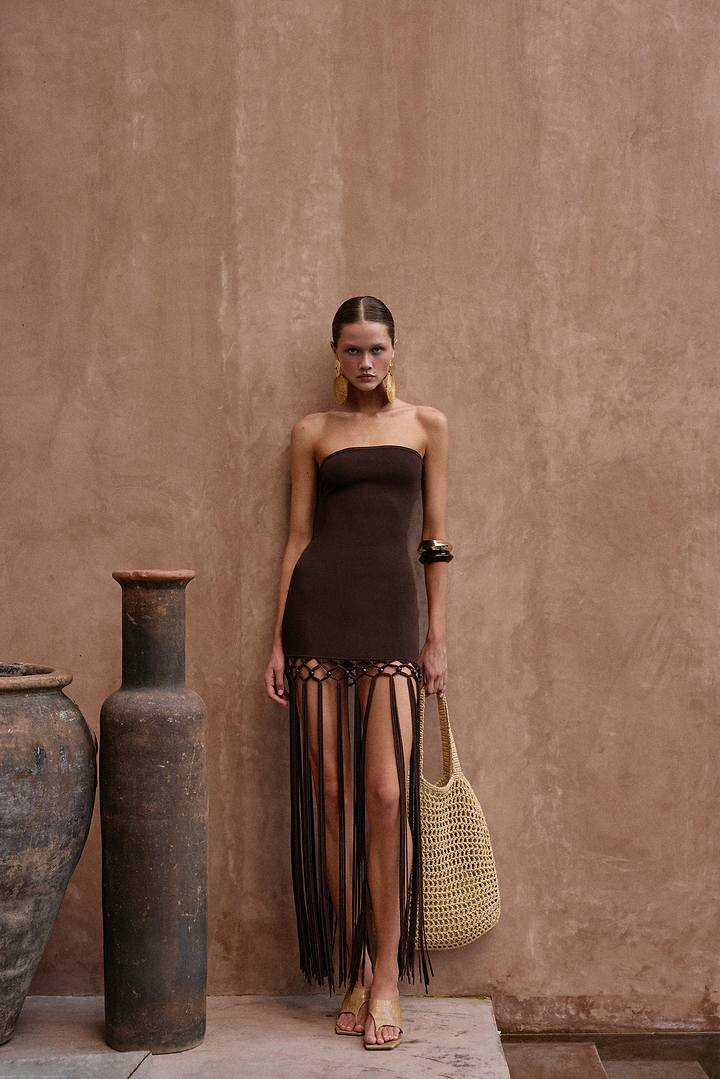 Strapless Beaded Fringe Dress (Chocolate Brown)