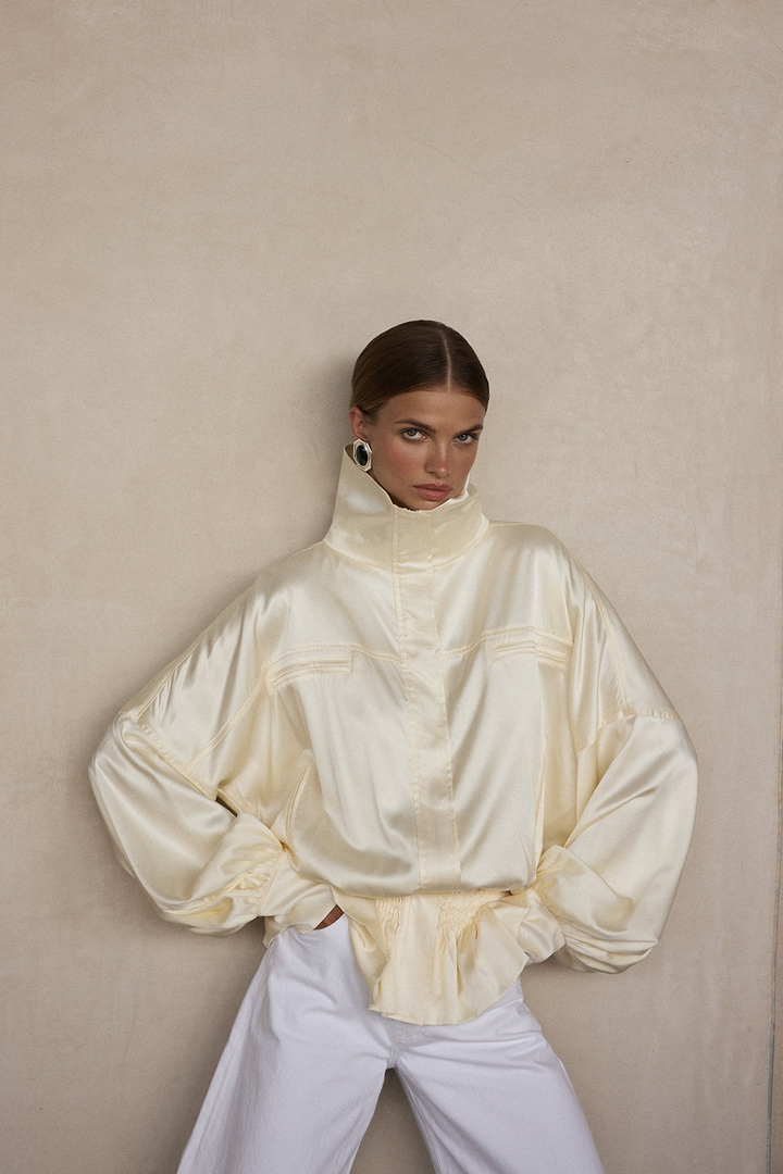 Silk Peplum Bomber Jacket (Cream)