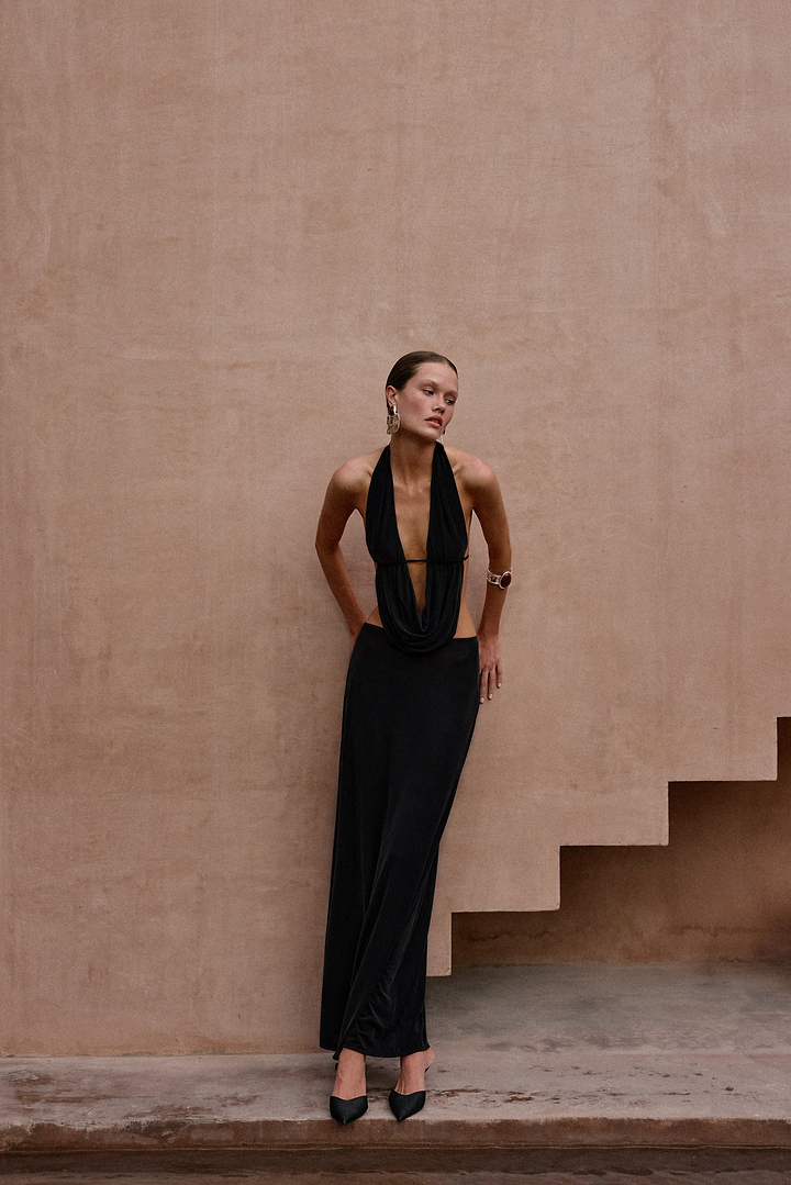 Plunge Neck Maxi Dress (Black)