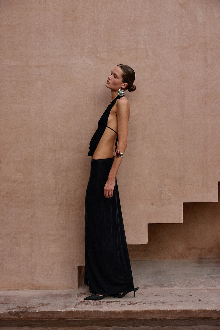 Plunge Neck Maxi Dress (Black)